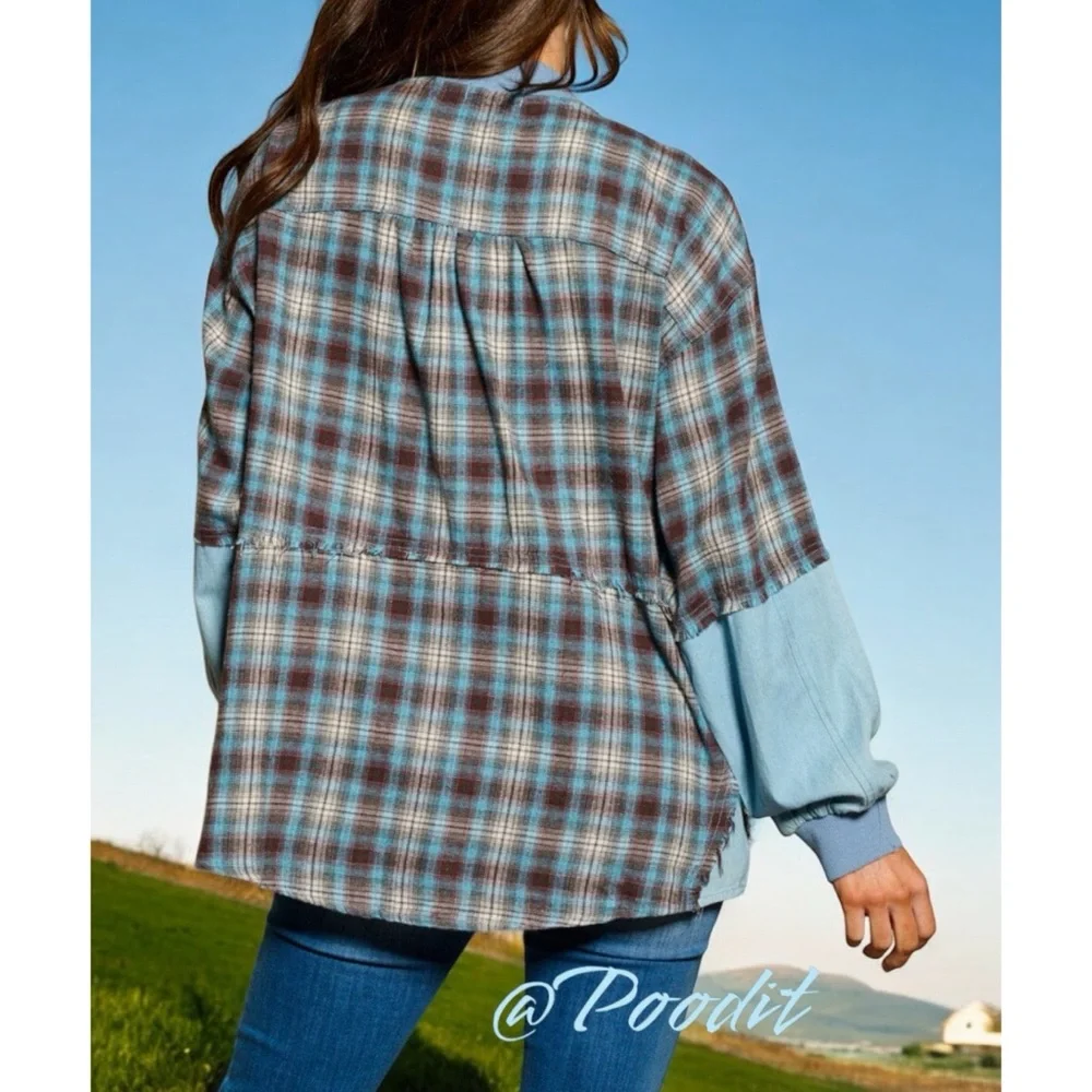 FATE Cute zip front chambray plaid top S M L - Picture 5 of 10